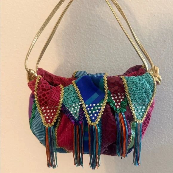 Multicolor Patchwork Shoulder Bag with Gold Accents - Picture 2 of 2
